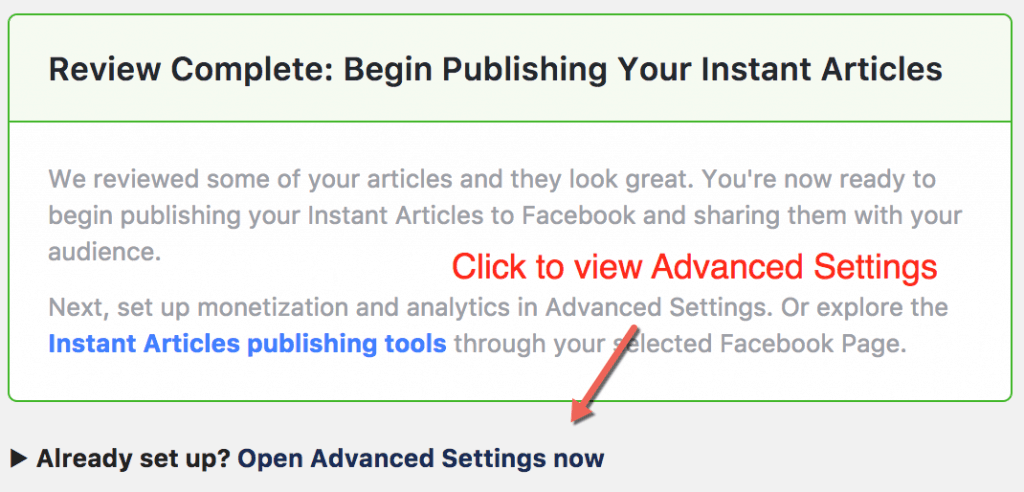 Facebook Instant Articles Advanced Settings